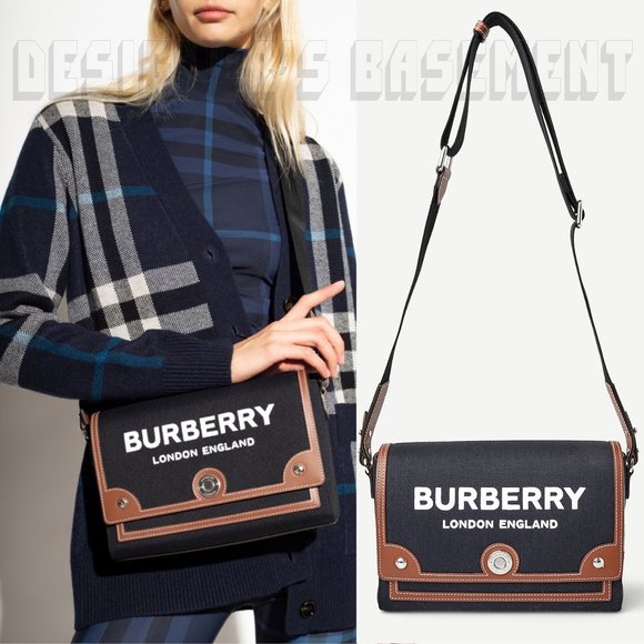 Burberry Handbags - BURBERRY black Canvas NOTE Horseferry Logo flap brown Leather trim Crossbody Bag